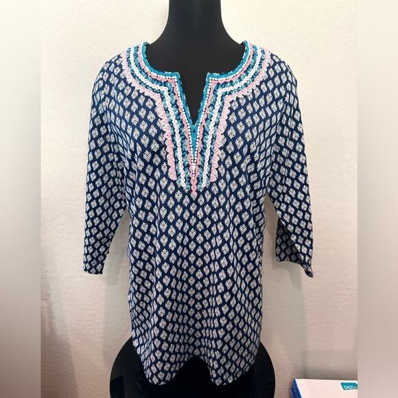 TALBOTS | Blue Boho Embroidered Tunic Top 100% Cotton | Size Medium - Picture 3 of 7